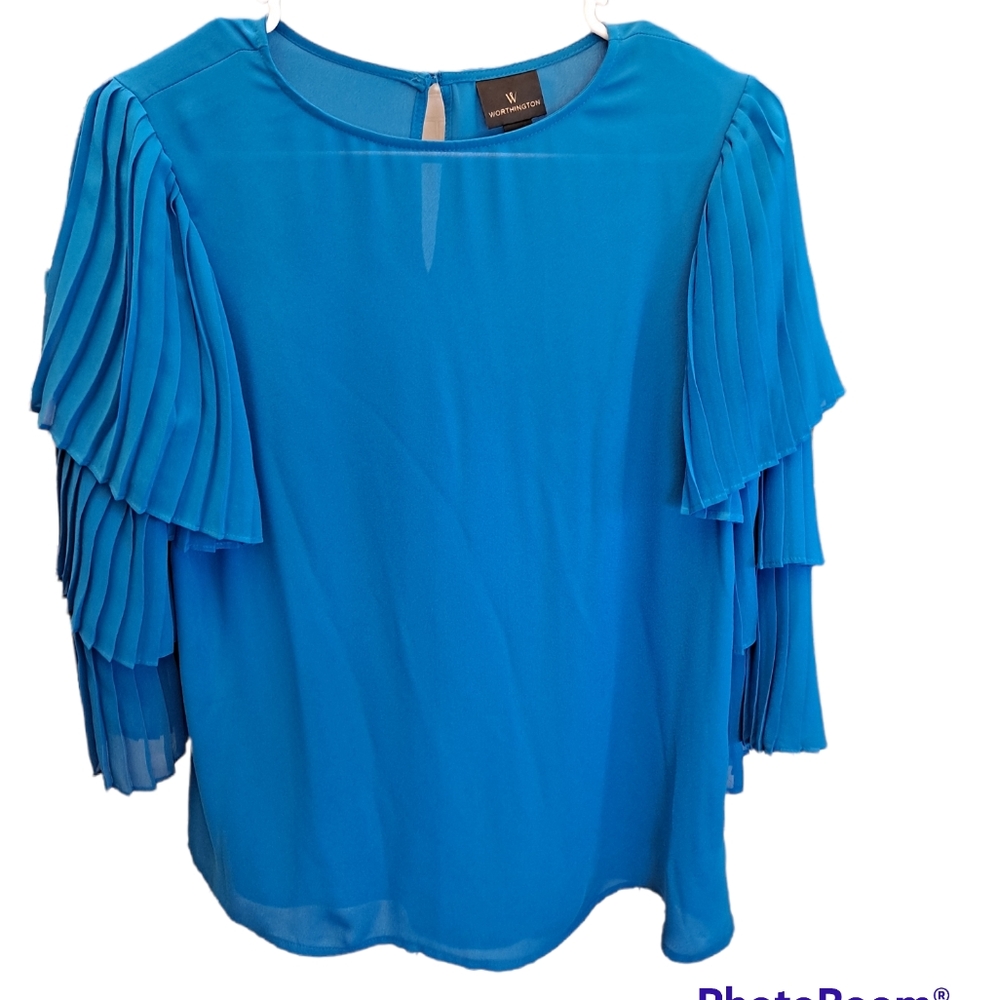 Worthington Sheer Cerulean Blue Blouse with Ruffled Tiered Sleeves